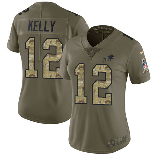 Nike Bills #12 Jim Kelly Olive/Camo Women's Stitched NFL Limited Salute to Service Jersey